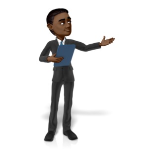 An image of a man with a tablet presenting to the side.