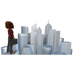 This clip art image shows Talia businesswoman looking out over a city from on top of a platform.
