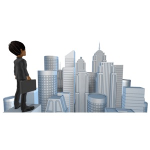 This clip art image shows Talia businessman looking out over a city from on top of a platform.