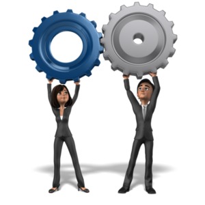 This clip art image shows two business characters each holding a gear that are joined together.