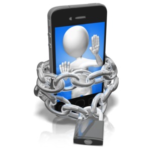 An image of a figure trapped in the screen of a cell phone representing smart phone addictions.