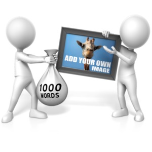 This clip art image displays the idiom a picture is worth a thousand words. &gt;br&gt;&lt;br&gt; The image show this by on character trying to purchase an image with a bag of 1000 words. &lt;br&gt;&lt;br&gt;You can add your own image to the picture using our online customizer.