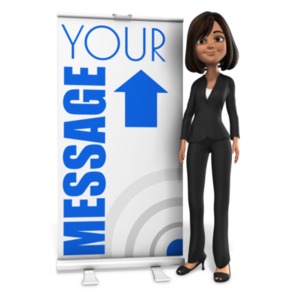 This custom design animation shows businesswoman Talia opening a roller banner. &lt;br&gt;&lt;br&gt;  You can customize this animation by adding your own text and images using our online customizer.