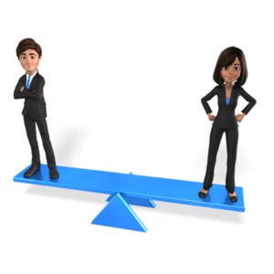 A man and a woman balance equally on a seesaw. This clip-art can represent equality between the sexes.