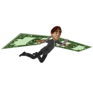 An image of a businessman flying on the wings of money.