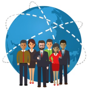 An image of a group of people in front of a world showing lines connecting the world together.