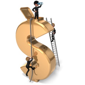 An image of a guy on top of a money symbol looking out in the distance.