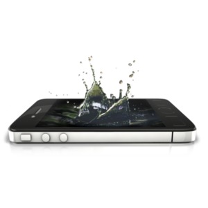 An image of a smart phone with a large splash in the center of the screen.