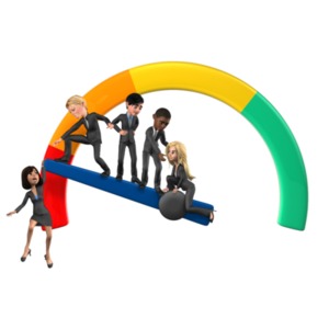 An image of a team dressed in business attire at the bottom of the rating scale.