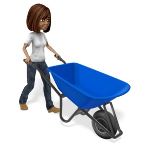 Talia pushes an empty wheelbarrow.