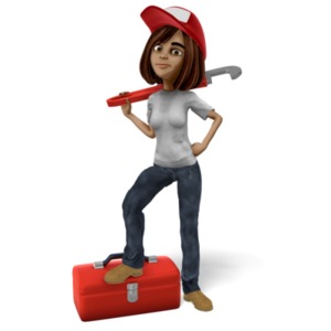 An image of Talia holding a wrench standing next to a toolbox.