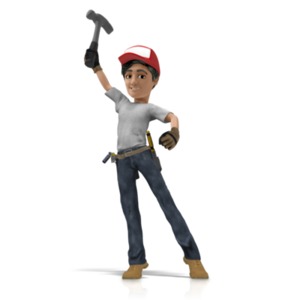This clipart image shows a handyman holding a hammer up in the air in a hero pose.