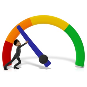 This clipart image shows a businessman holding the needle of a gauge from hitting red.