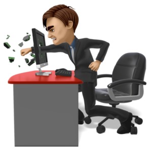 Grant the businessman punches through a computer monitor out of anger.