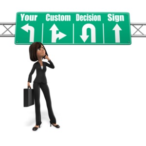 This custom design clipart image shows a businesswoman looking up at a direction sign pondering a decision.