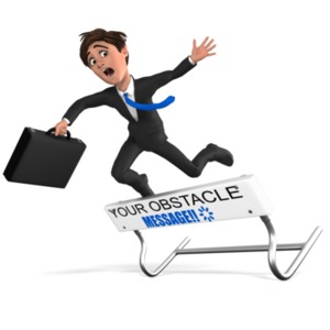 This custom design clip art shows a businessman figure failing to successfully jump over a hurdle.