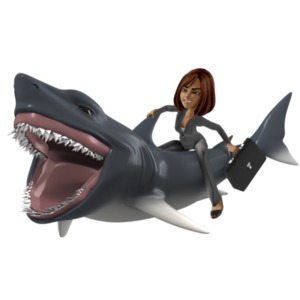 This clipart image shows a businesswoman riding on the back of a vicious shark.