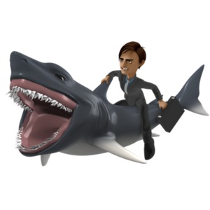 This clipart image shows a businessman riding on the back of a vicious shark.