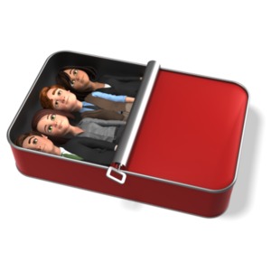 Four business people packed into a partially opened sardine tin.