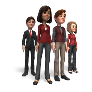 A team of two women and two men stand as a group.