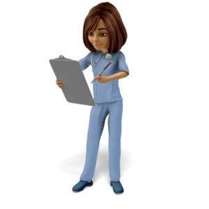 This clip art image shows a nurse holding a clipboard and a pen. 