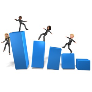This clipart image shows a team trying to climb a unstable bar graph.