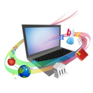 An image of a laptop with school subjects swirling into the screen.