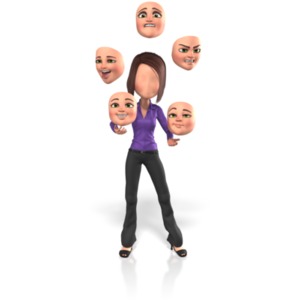 A faceless woman juggles faces with different expressions. This clip-art can represent someone trying to find their identity.
