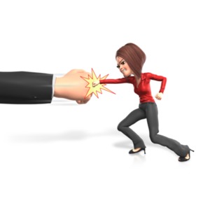 An image of Yolanda punching a large hand that is swinging in.