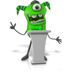 This clipart image shows a monster character speaking behind a podium.