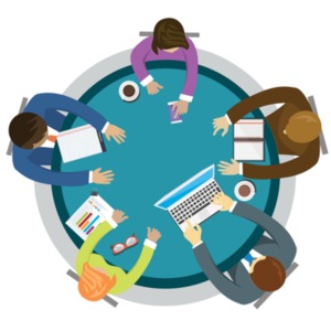 An image of a group of people around a table at a meeting from the top view.