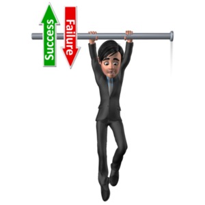 An image of a guy holding onto a bar with a success sing pointing up and failure sign pointing down.