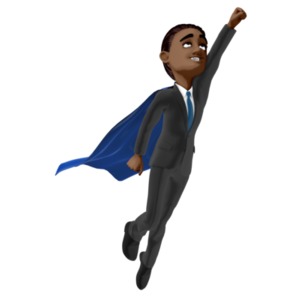 An image of Brad in super hero business suit form flying up.