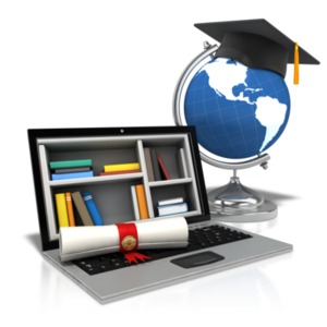 An image of a laptop computer with globe and diploma representing online education.