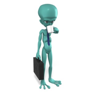 A business alien wearing a tie holds a briefcase as it sips its coffee.