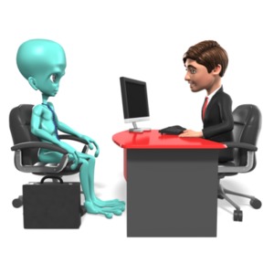 A businessman interviews an alien applying for a job.