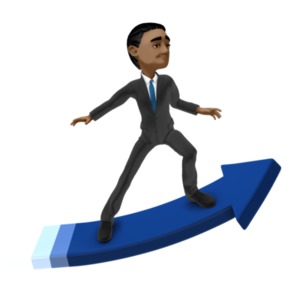 An image that shows a businessman riding an arrow pointing up.