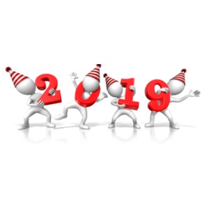 This clip art image shows four stick figure character each holding a number of text that spells out the year 2018.