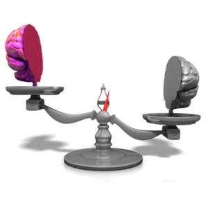 This clip art image shows a brain sliced in half with each half on the end of a scale.  The left brain is weighing more than the right brain half.