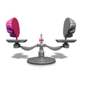 This clip art image shows a brain sliced in half, with each half on the end of a scale.  The scale is evenly balanced between the to brain halves.