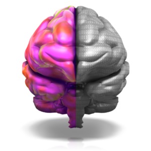 This clip art image shows a a brain with the right half very colorful and the left half gray with binary code on it.