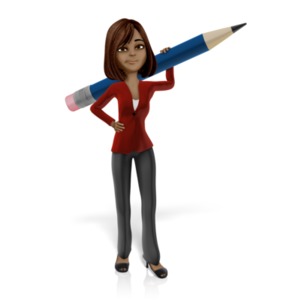 An image of Talia holding an oversized pencil on her shoulders.