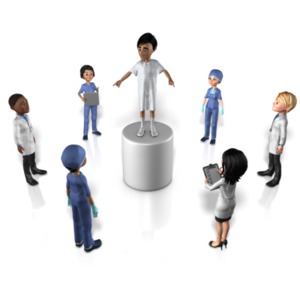 This clip art image shows a patient on a pedestal directing with hands and surrounded by a team of medical staf