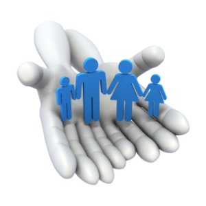 This clip art image shows hands holding a family.