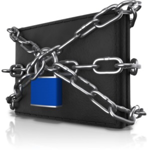 This clip art image shows a wallet with chains and a lock securely wrapped around it.
