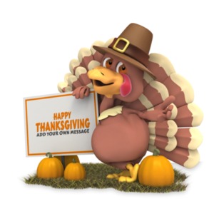 A Thanksgiving turkey leans against a sign in a pumpkin patch. You can add your own message to the sign using our on-line tools.