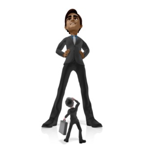 An image of an oversized businessman hovering over a smaller businessman in fear.