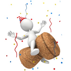 An image of a stick figure riding on a champagne cork in a party concept.