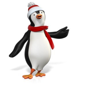 An image of a wintery penguin presenting something to the left.