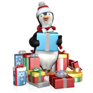 An image of a penguin holding a gift surrounded by many gifts.